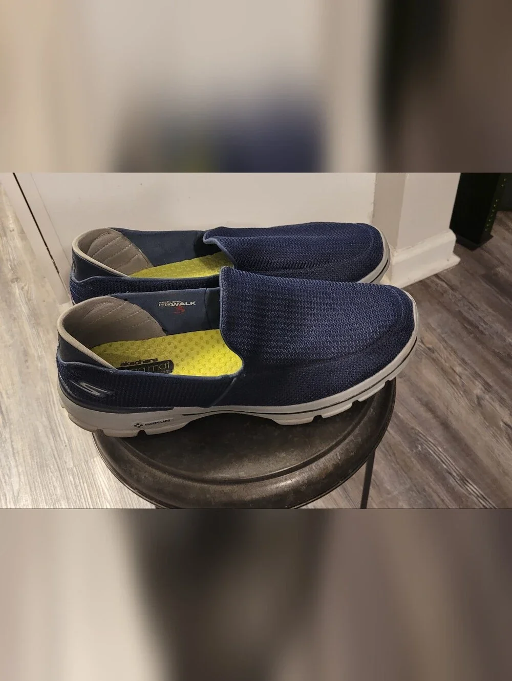 Skechers Navy Knit Slip-On Loafers with Bright Yellow Insoles